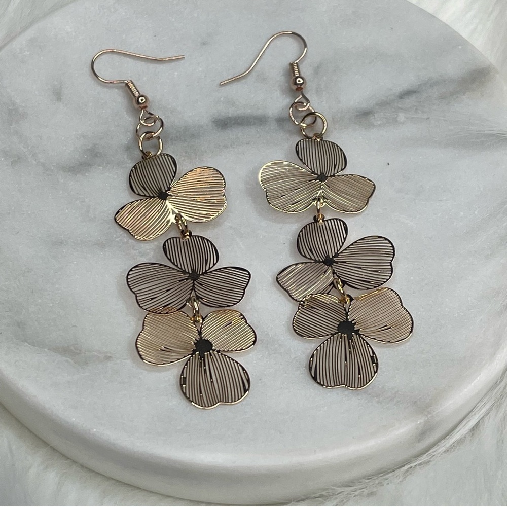 Gold Tone Floral Drop Fish Hook Earrings